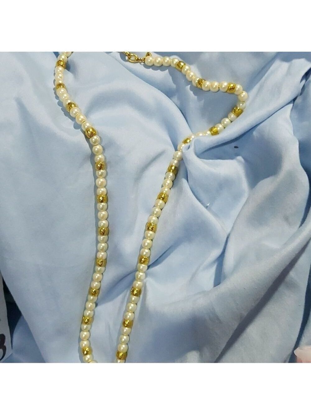 Faux Pearl Necklace Opera Length Gold Toned